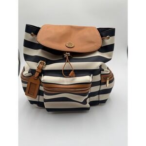 Tory Burch Striped Coated Canvas and Leather Drawstring Backpack Blue/White